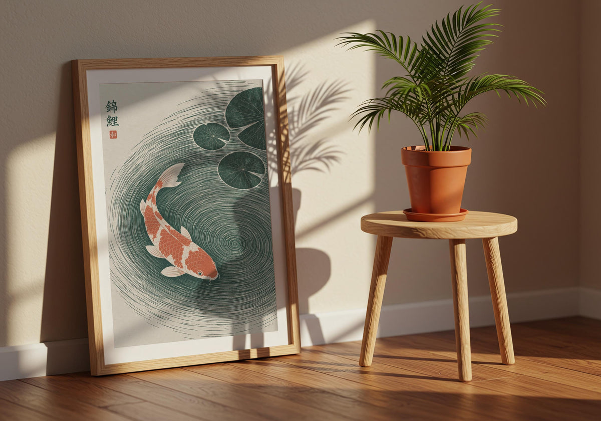 Angled view of wabi sabi decor depicting two coral-and-white koi circling through deep green water beneath lily pads, leaning in a dark wood frame beside a terracotta plant.
