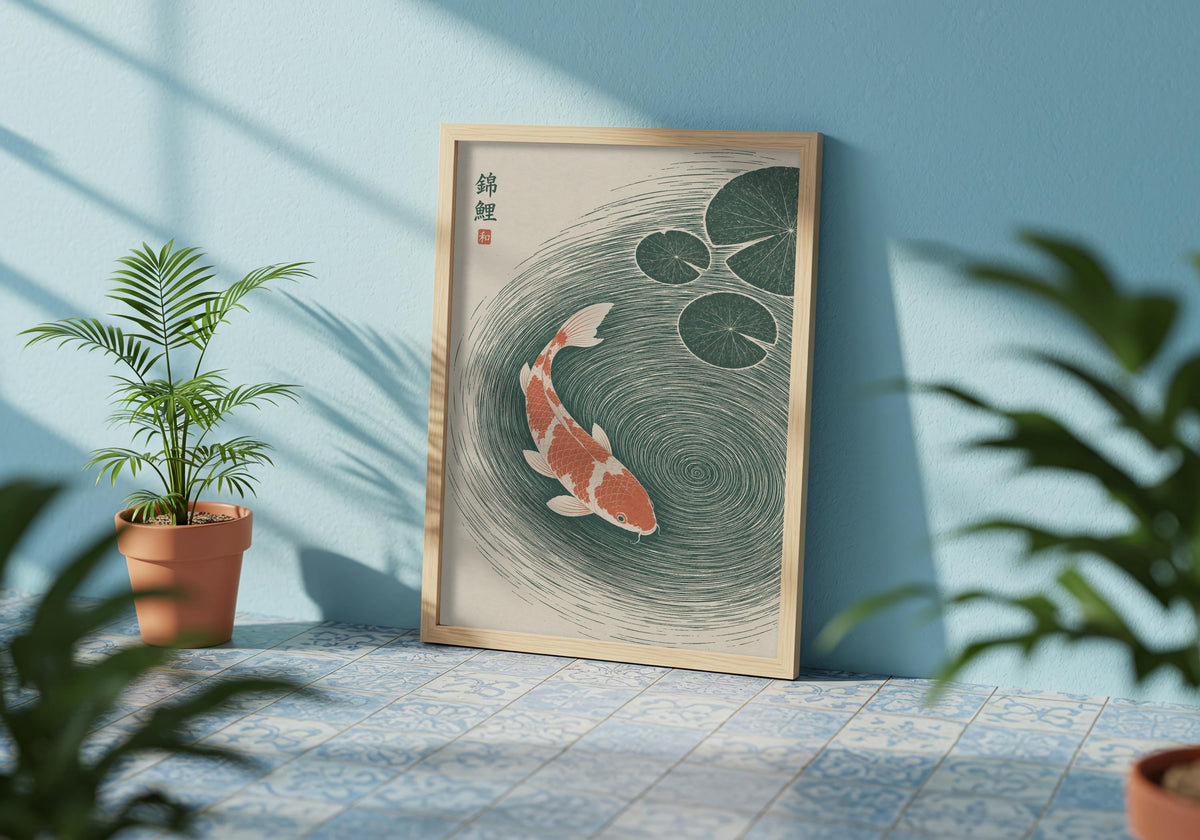 Water ripple art showing two coral-and-white koi circling through deep green water beneath lily pads, displayed in a pale frame among leafy plants.