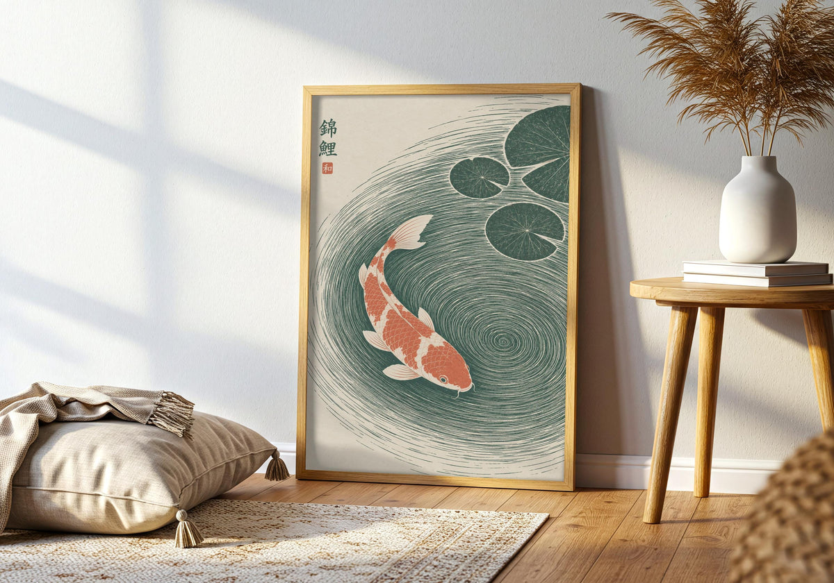 Room view of Koi Whirlpool as japanese wall art, leaning in a dark frame in a bright living room.