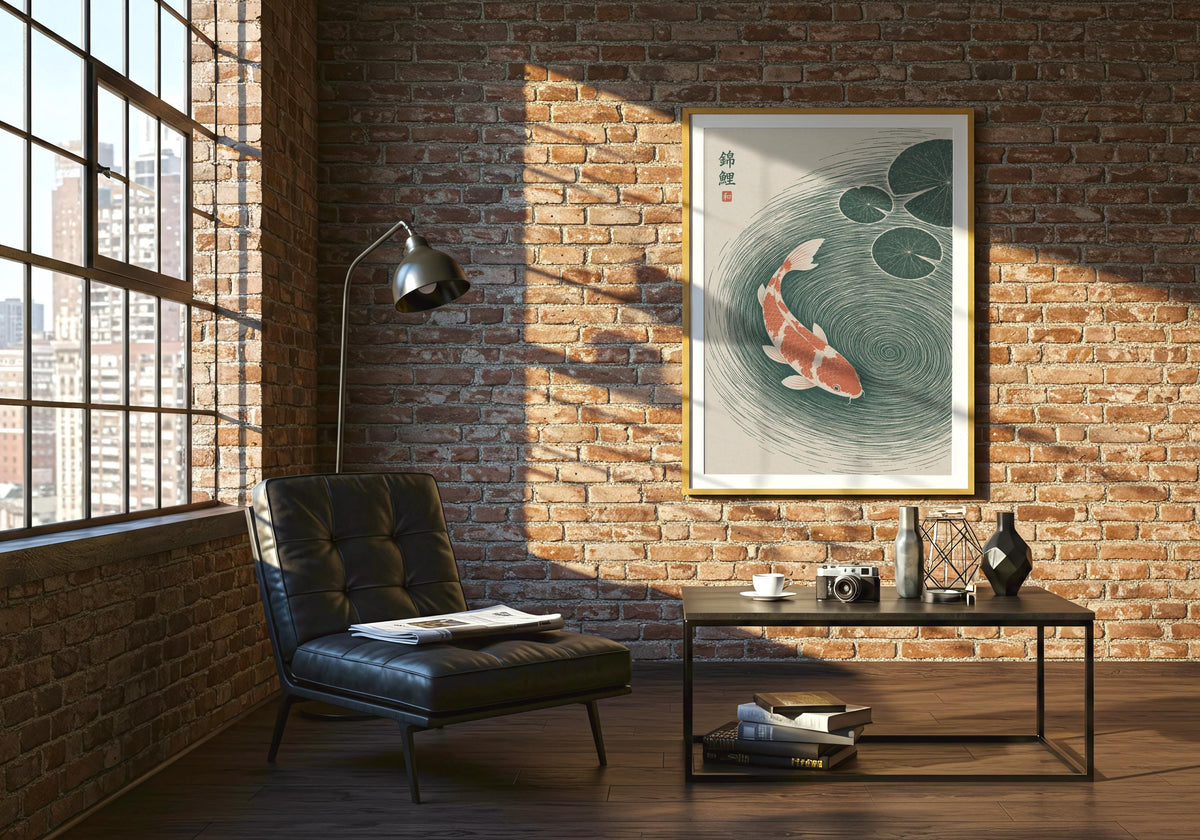 Green pond poster with two coral-and-white koi circling through deep green water beneath lily pads, hung in a pale frame against an exposed-brick wall.