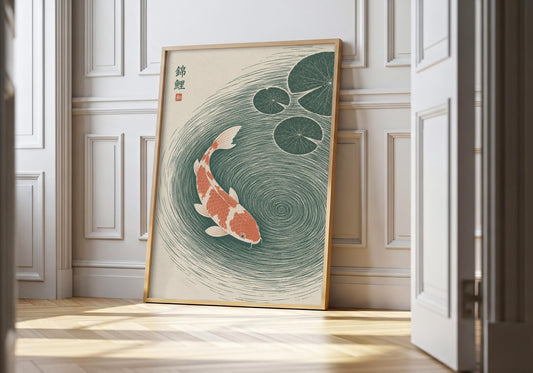 Japanese koi print showing two coral-and-white koi circling through deep green water beneath lily pads, leaning in a light natural-wood hero frame against white panelling.