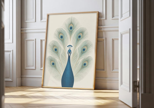 Peacock art print showing a deep blue peacock beneath a symmetrical fan of pale teal eye feathers, leaning in a light natural-wood hero frame against white panelling.