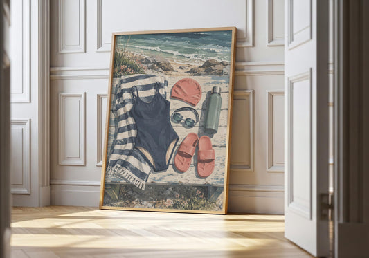 Wild swimming art showing a striped towel, coral swim cap, goggles and sandals arranged beside choppy sea, leaning in a light natural-wood hero frame against white panelling.