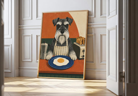 Schnauzer print showing a stern schnauzer in a striped apron serving a fried egg at a blue counter, leaning in a light natural-wood hero frame against white panelling.