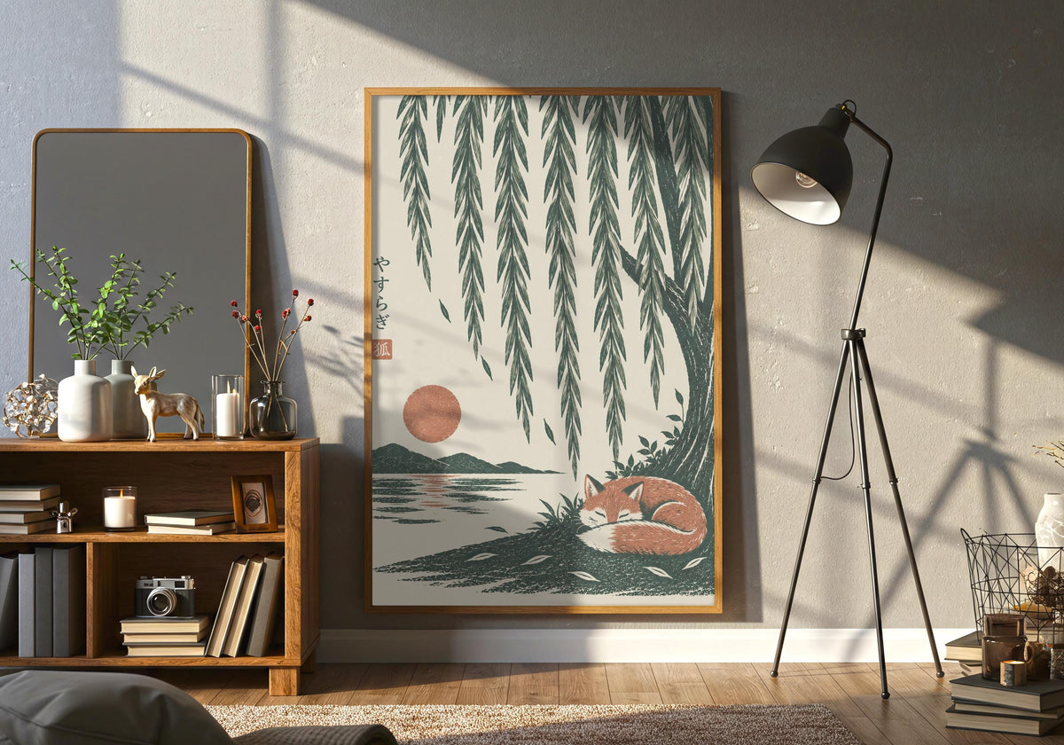 Room view of Sleeping Fox Under Willow as woodland animal art, shown in a dark frame in a wide living-room view.