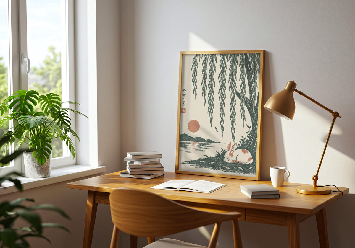 Interior mockup of willow tree print depicting a small white rabbit sleeping beside green water beneath long willow leaves, shown in a light wood frame in a home office.
