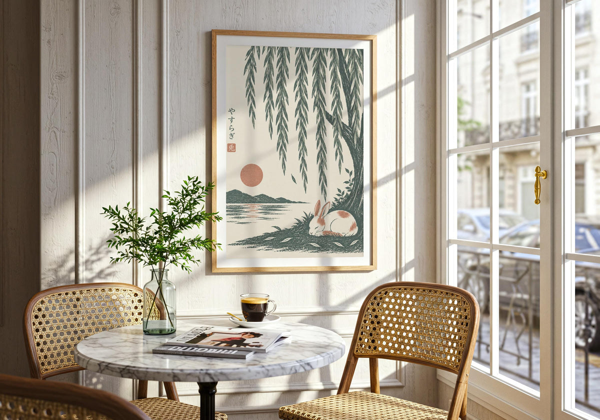 Portrait wabi sabi print featuring a small white rabbit sleeping beside green water beneath long willow leaves, hung in a dark frame in a dining nook.