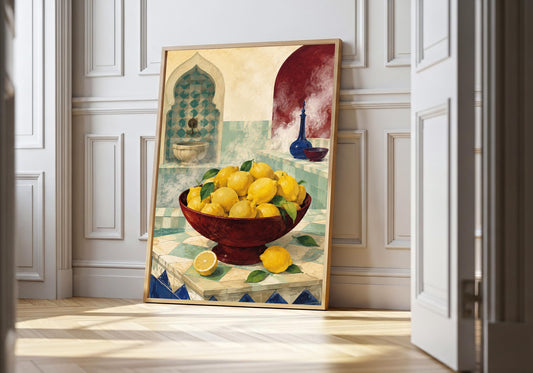 Lemon wall art showing a burgundy bowl overflowing with yellow lemons among tiled arches in a steam room, leaning in a light natural-wood hero frame against white panelling.