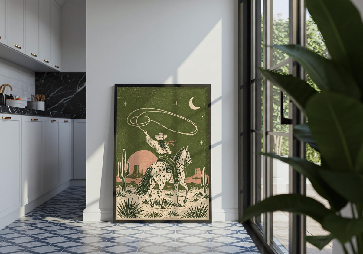 Desert Cowboy Lasso displayed inside a modern living room as green wall art for a lived-in room setting.