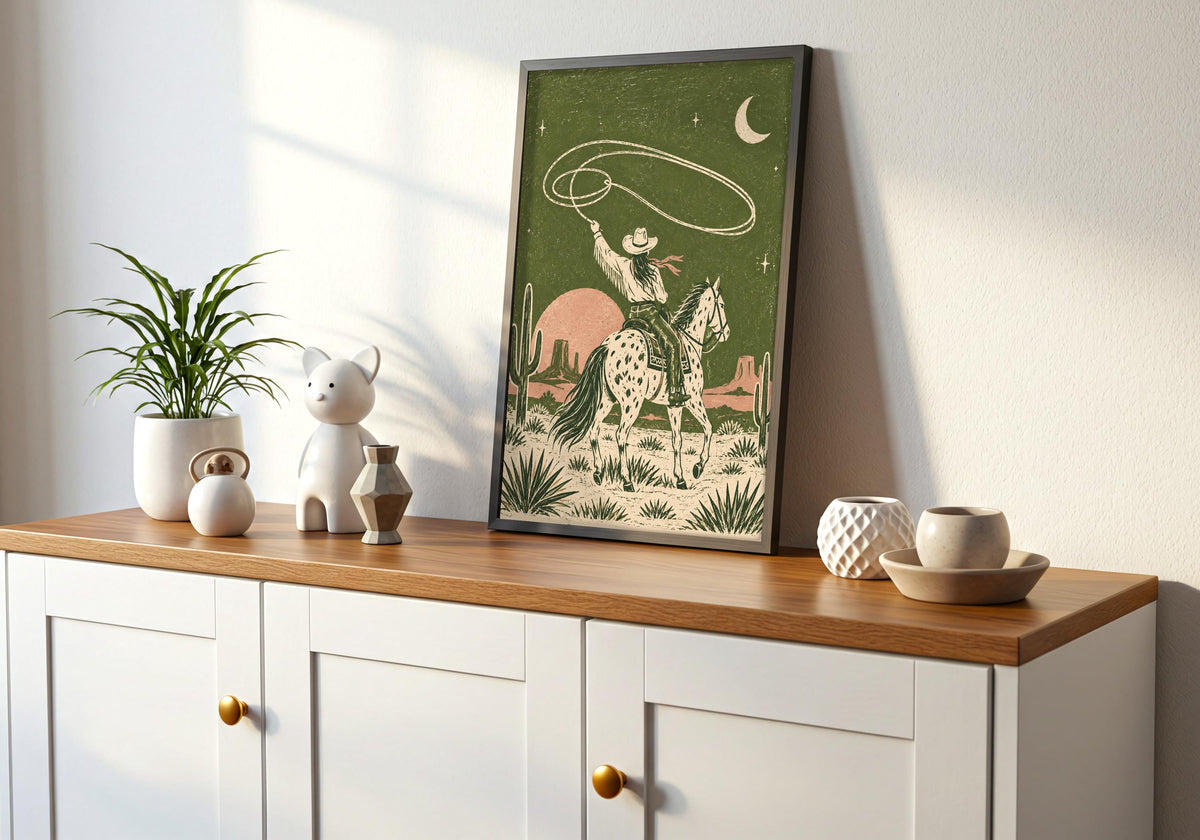 Desert Wall Decor mockup on a timber console, with a spotted-horse cowboy twirling a lasso beneath a crescent moon in an olive desert.