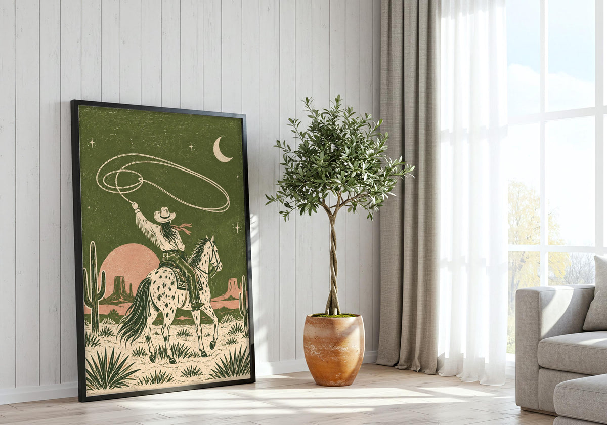 Styled beside a bright window, this western art print shows the complete Desert Cowboy Lasso design.