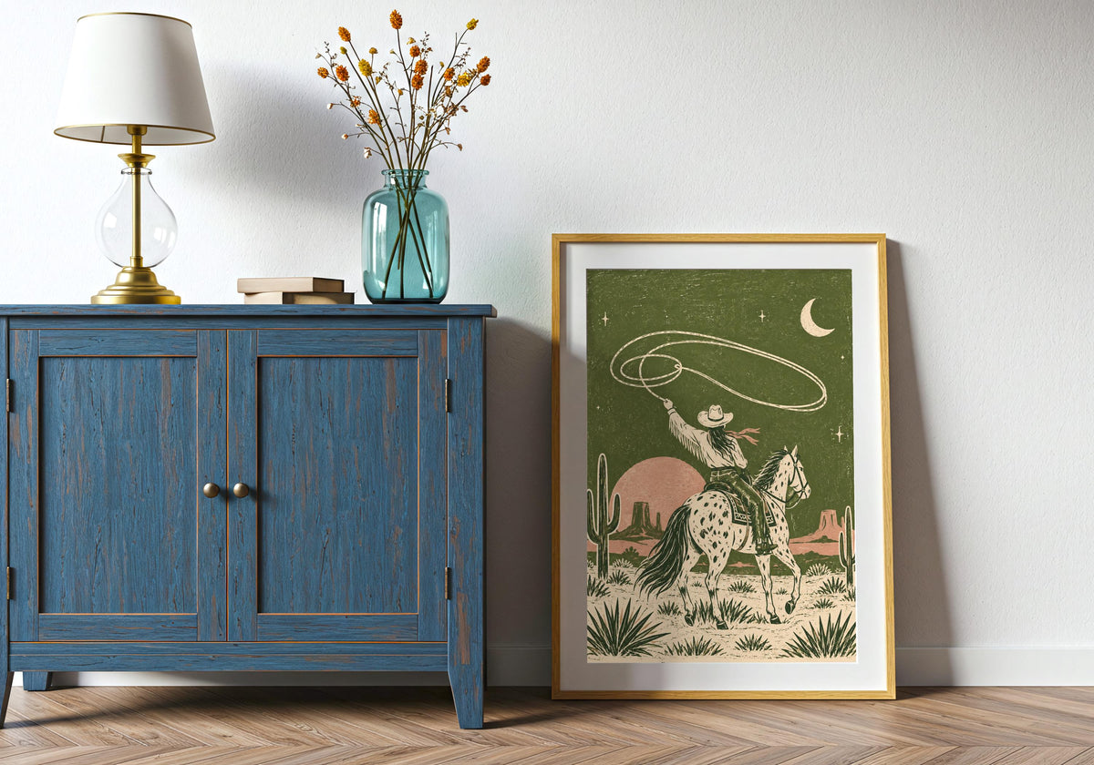 Room inspiration for southwestern art: the Desert Cowboy Lasso print inside a calm home office.