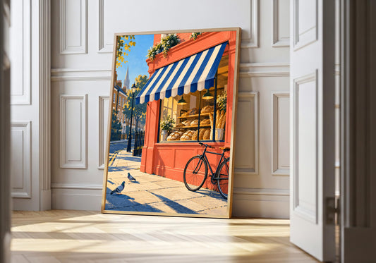 Hackney Morning Bakery hackney wall art in a light wood frame, featuring a sunny coral London bakery with a blue striped awning, bread-filled window and bicycle.