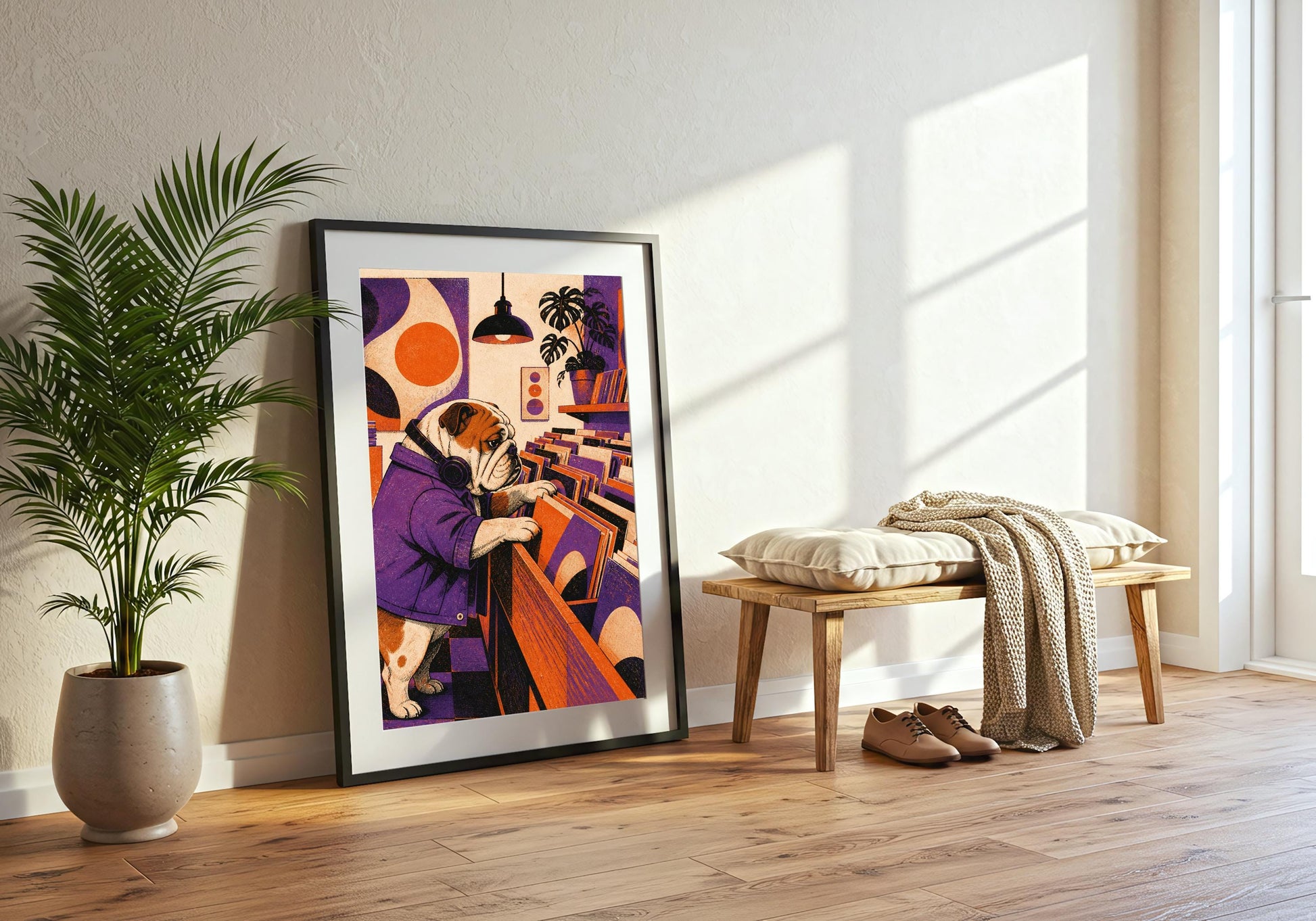 Bulldog Record Shop record shop print, a bulldog browsing vinyl in a retro record shop, styled in a black frame in a bright minimalist room; purple, orange and warm cream portrait wall art.