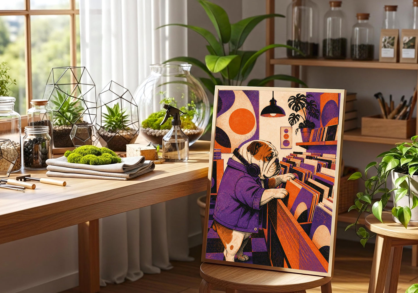 Bulldog Record Shop music lover gift, a bulldog browsing vinyl in a retro record shop, shown in a light-wood frame in a botanical studio with green plants; purple, orange and warm cream portrait wall art.