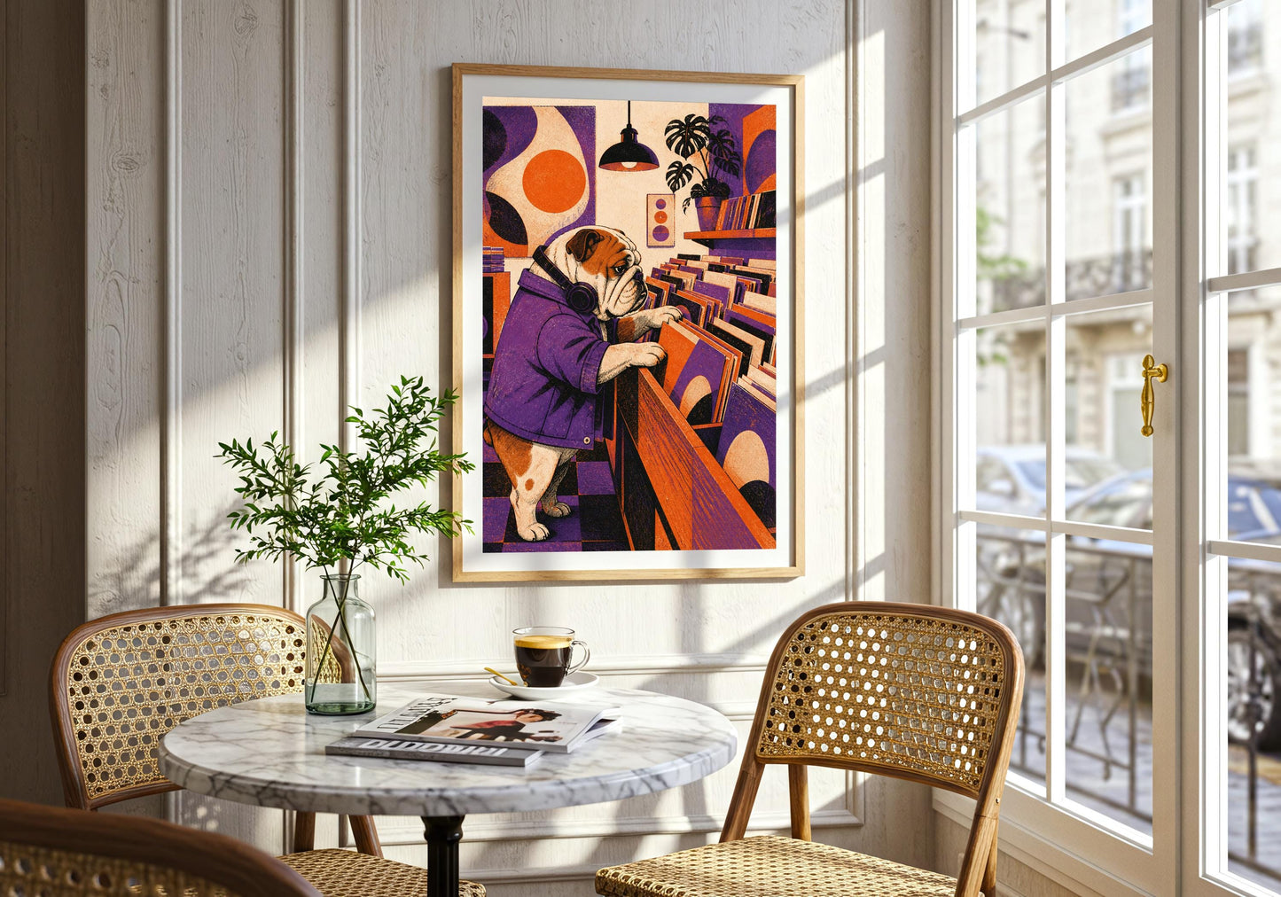 Bulldog Record Shop vinyl wall decor, a bulldog browsing vinyl in a retro record shop, hung in a bright cafe-style room with greenery; purple, orange and warm cream portrait wall art.