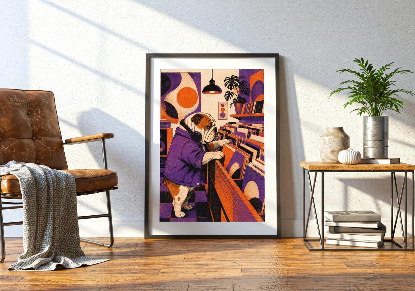 Bulldog Record Shop bulldog wall art, a bulldog browsing vinyl in a retro record shop, shown in a black portrait frame beside a chair and green plant; purple, orange and warm cream portrait wall art.