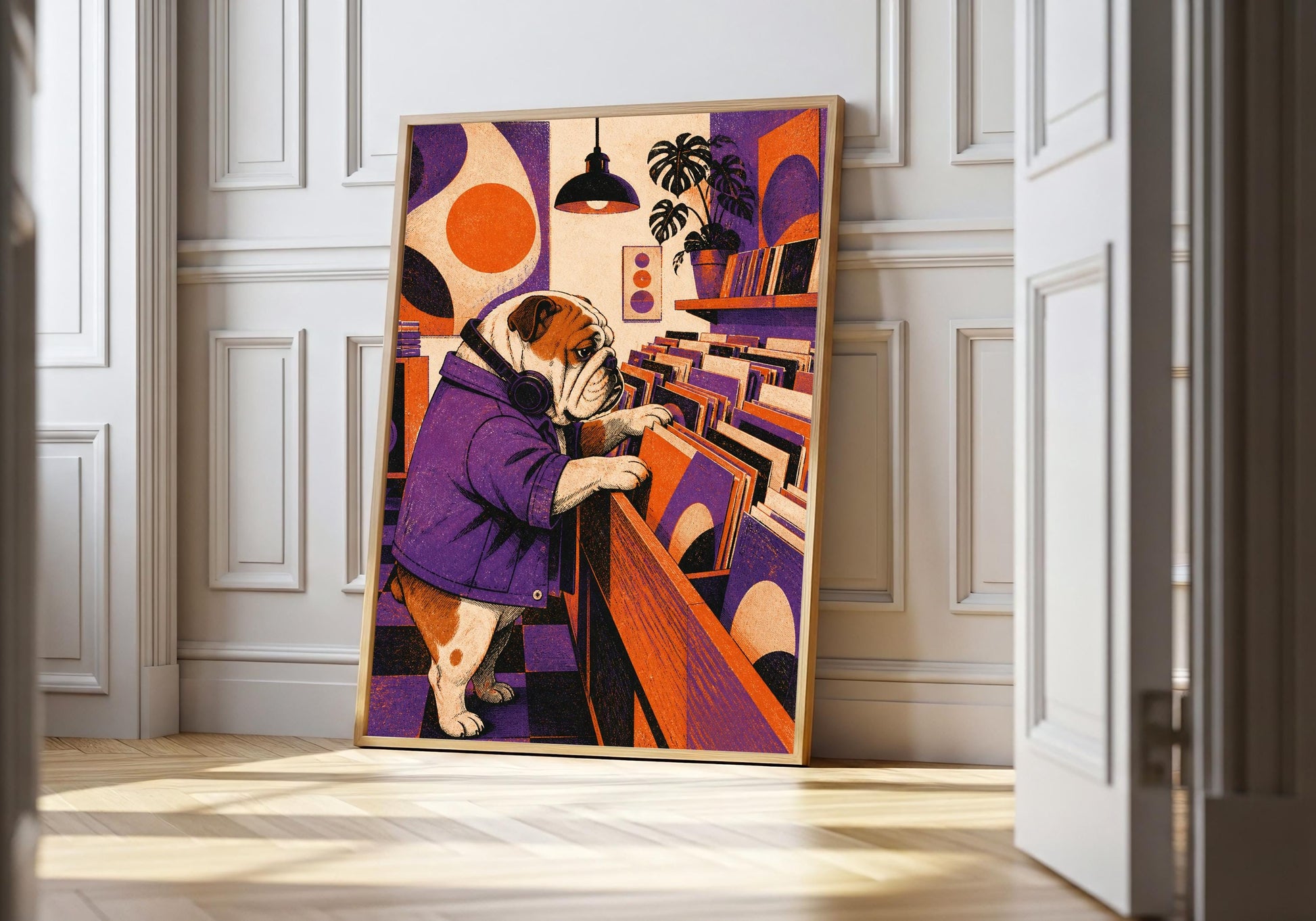 Bulldog Record Shop bulldog wall art, a bulldog browsing vinyl in a retro record shop, leaning in a light natural-wood frame in a bright panelled interior; purple, orange and warm cream portrait wall art.