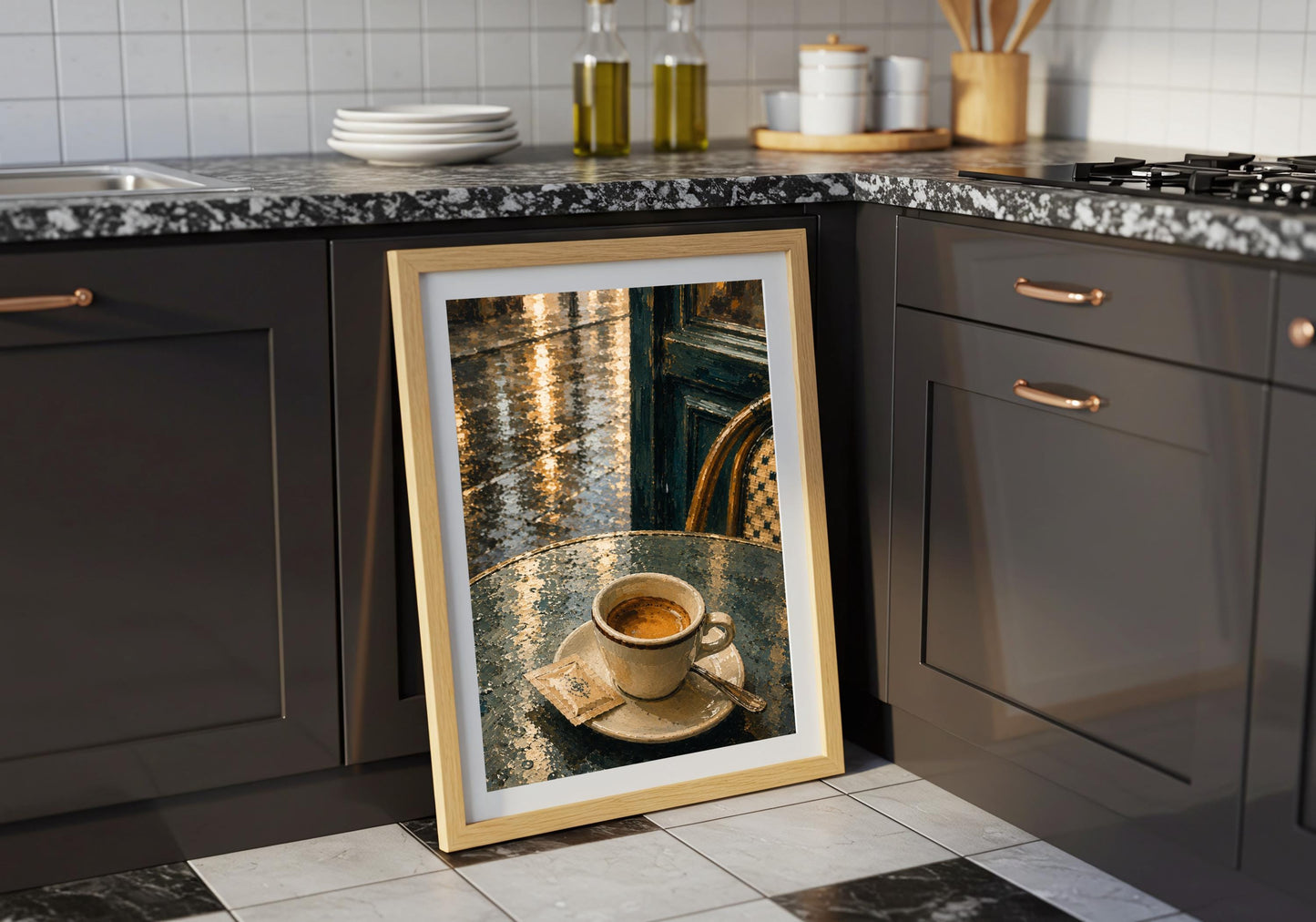 Espresso After Rain rainy cafe poster, a solitary espresso on a rain-slick café table, styled in a portrait frame with dark kitchen cabinetry; espresso brown, rain blue, teal and cream portrait wall art.