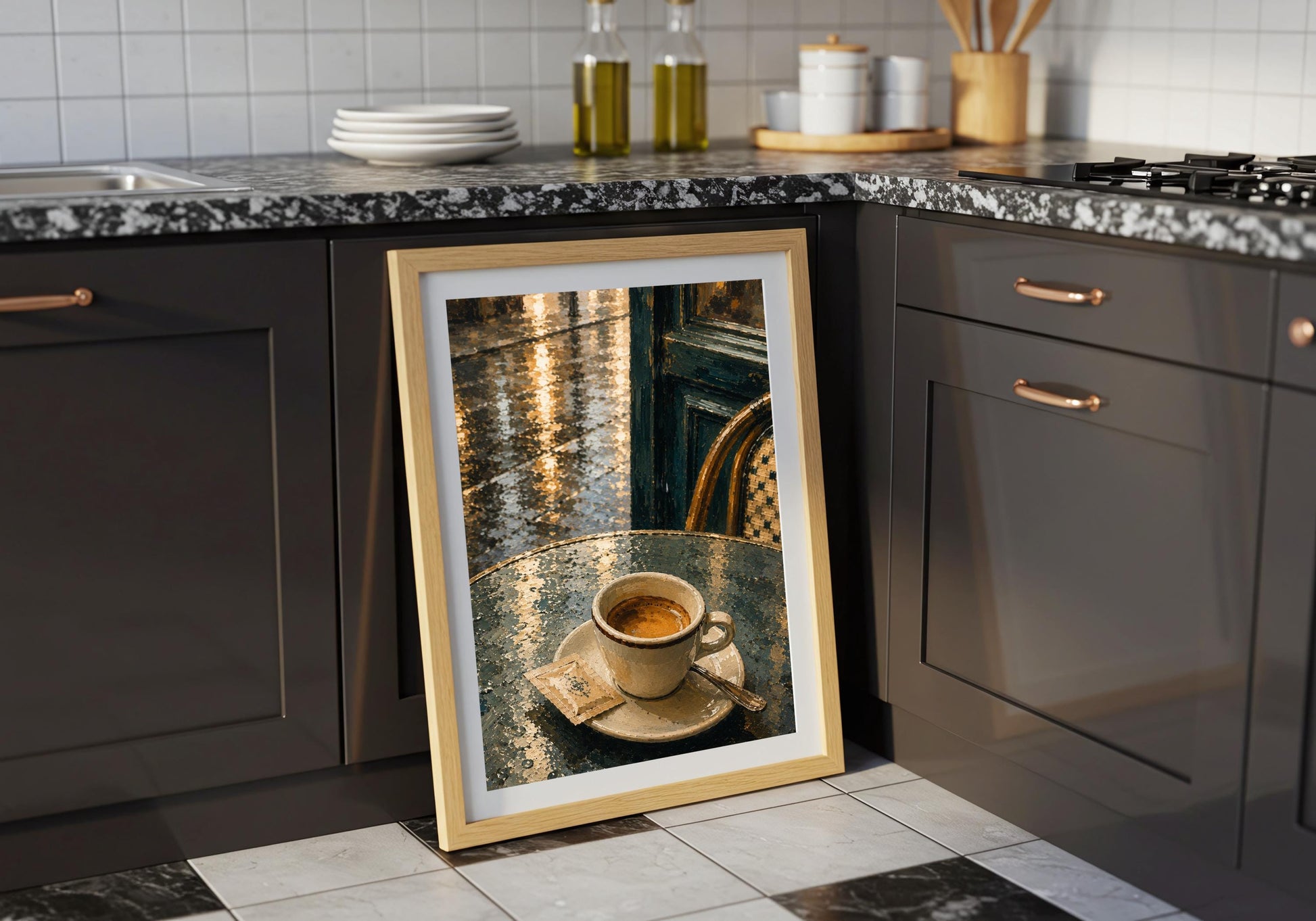 Espresso After Rain rainy cafe poster, a solitary espresso on a rain-slick café table, styled in a portrait frame with dark kitchen cabinetry; espresso brown, rain blue, teal and cream portrait wall art.