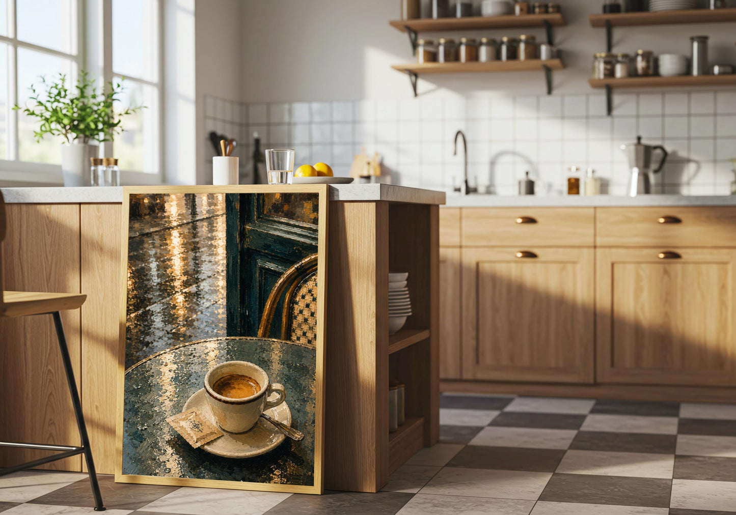 Espresso After Rain espresso wall art, a solitary espresso on a rain-slick café table, displayed in a bright kitchen interior; espresso brown, rain blue, teal and cream portrait wall art.