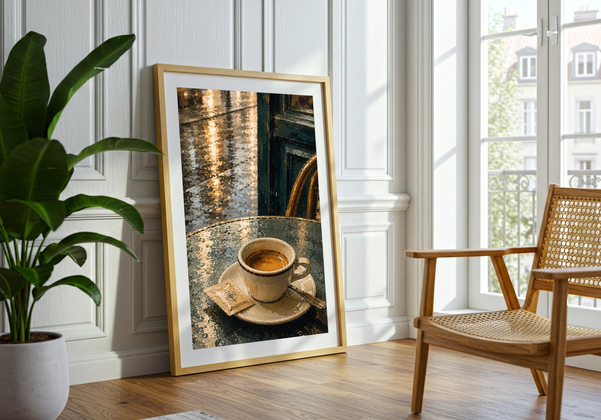 Espresso After Rain kitchen wall decor, a solitary espresso on a rain-slick café table, displayed in an airy neutral room with green plants; espresso brown, rain blue, teal and cream portrait wall art.