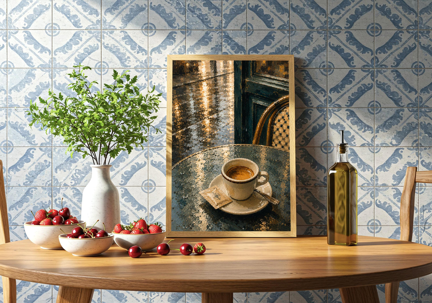 Espresso After Rain coffee shop print, a solitary espresso on a rain-slick café table, displayed in a portrait frame against patterned kitchen tiles; espresso brown, rain blue, teal and cream portrait wall art.