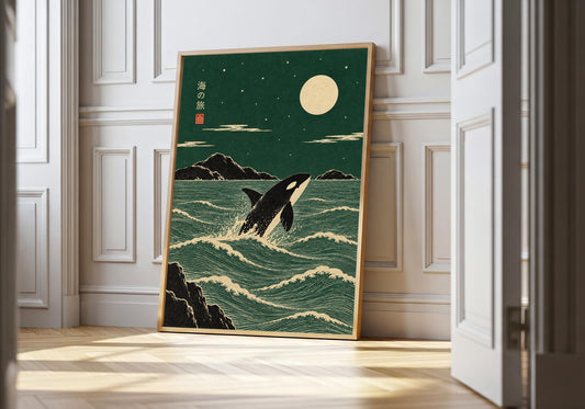Moonlit Whale japanese whale art in a light wood frame, featuring a black whale rising through layered teal waves beneath a full cream moon.