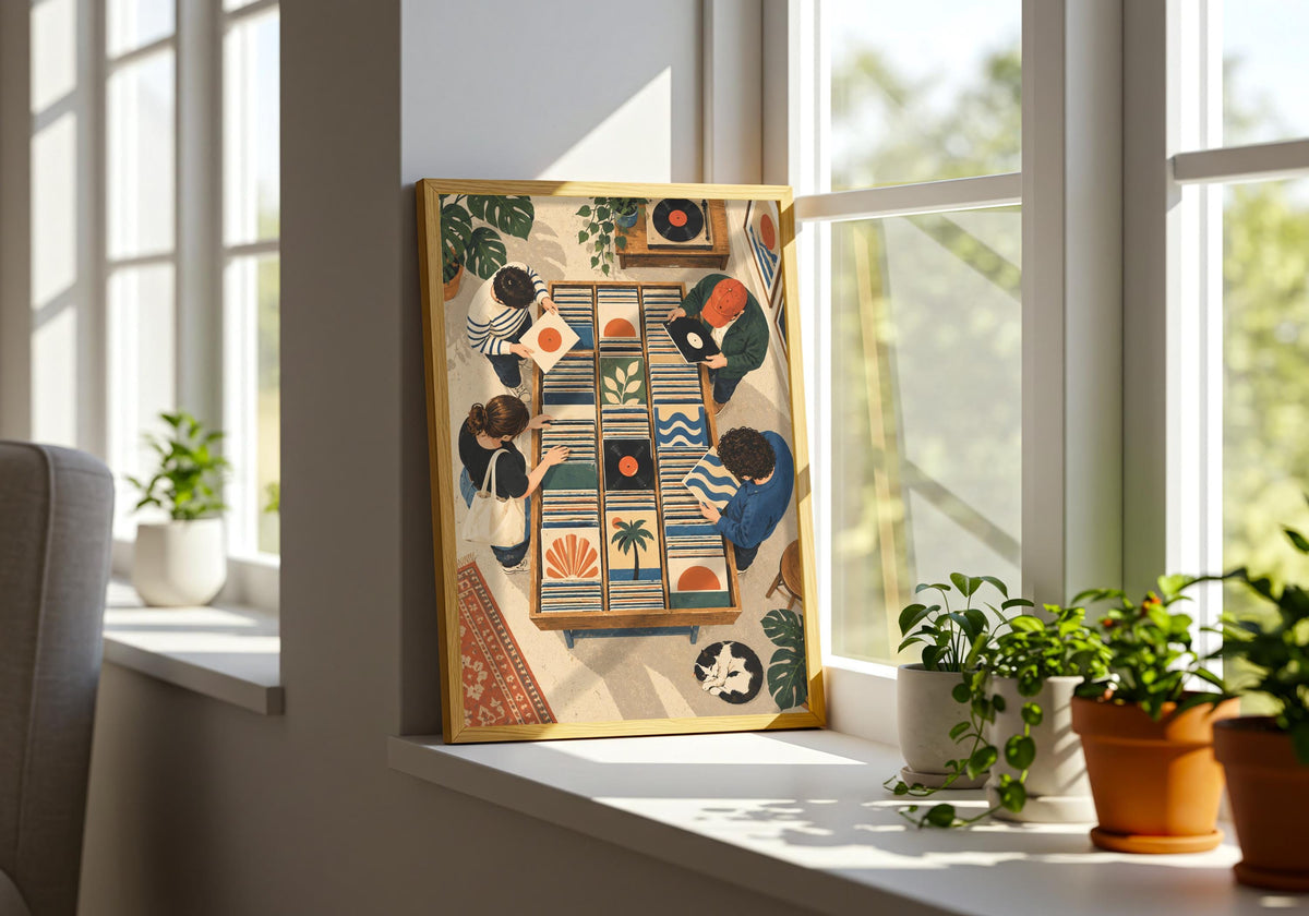 Record Shop Browsers displayed in a plant-filled room as music room decor for a lived-in room setting.