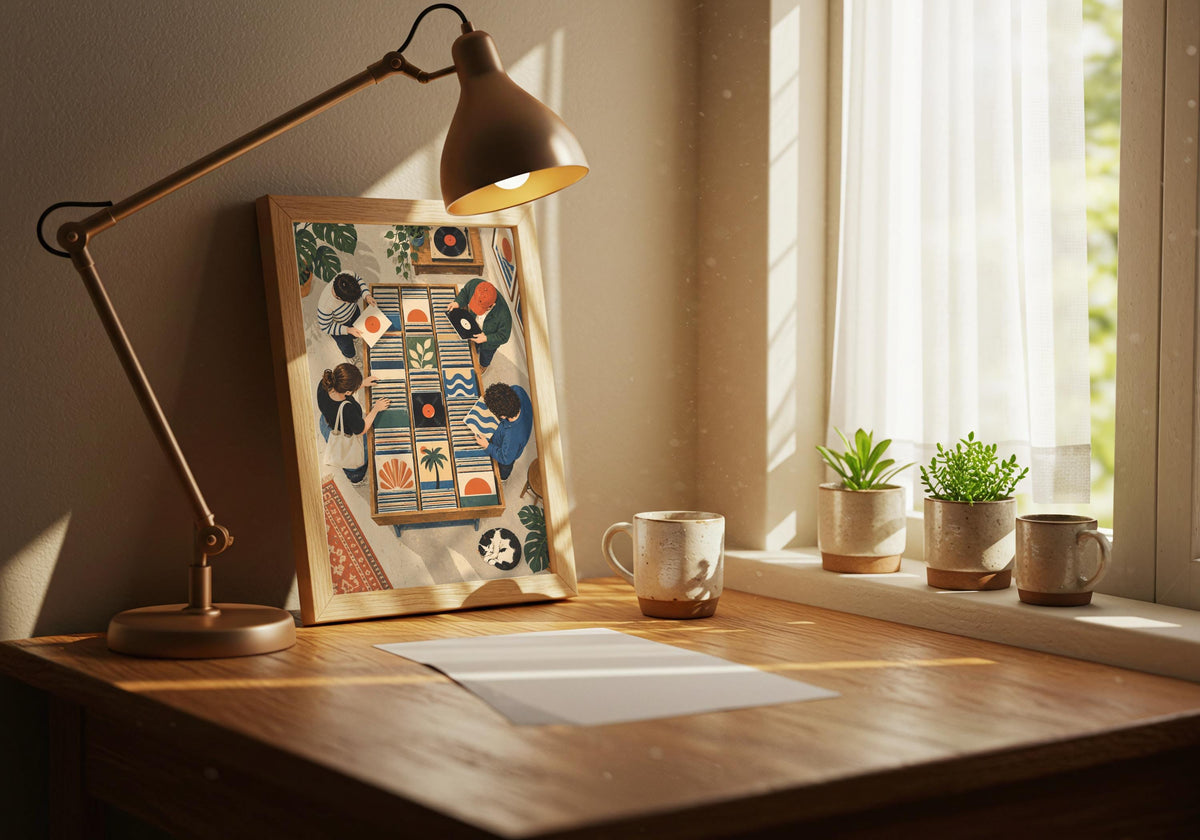 Music Lover Gift mockup on a desk beside a reading lamp, with two people browsing vinyl among turntables, sleeves, plants and patterned rugs.