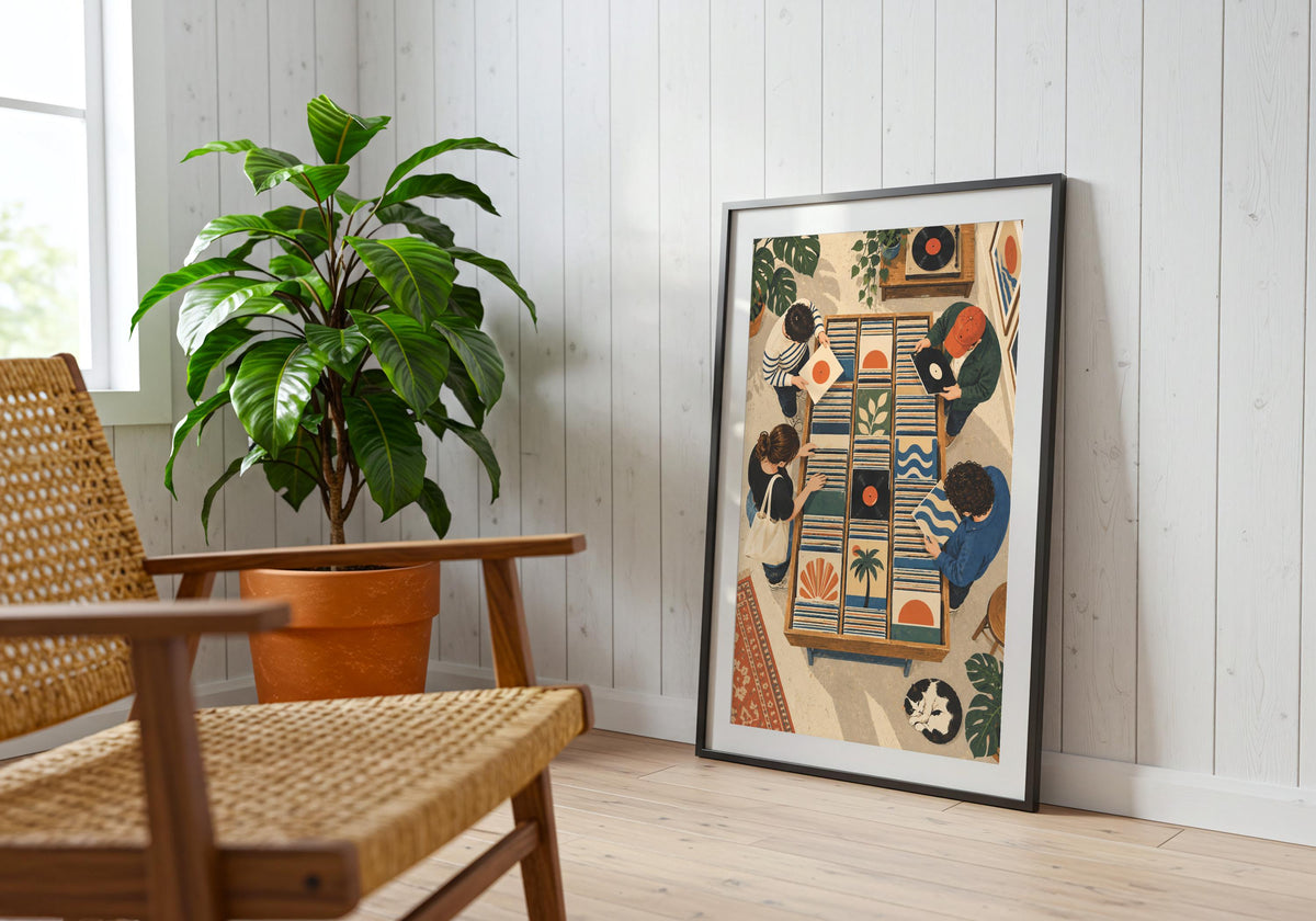 Styled inside a bright reading corner, this vinyl wall art shows the complete Record Shop Browsers design.