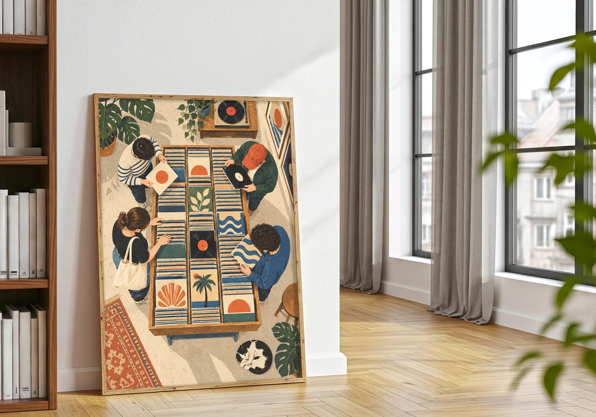 Portrait turntable wall art near tall windows and houseplants, showing the artwork's full colour and composition.