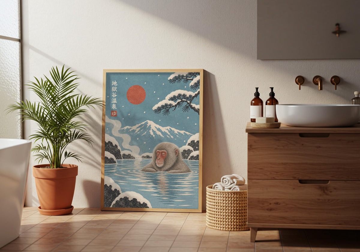 Room inspiration for japandi bathroom: the Snow Monkey Onsen print beside a modern bathroom vanity.