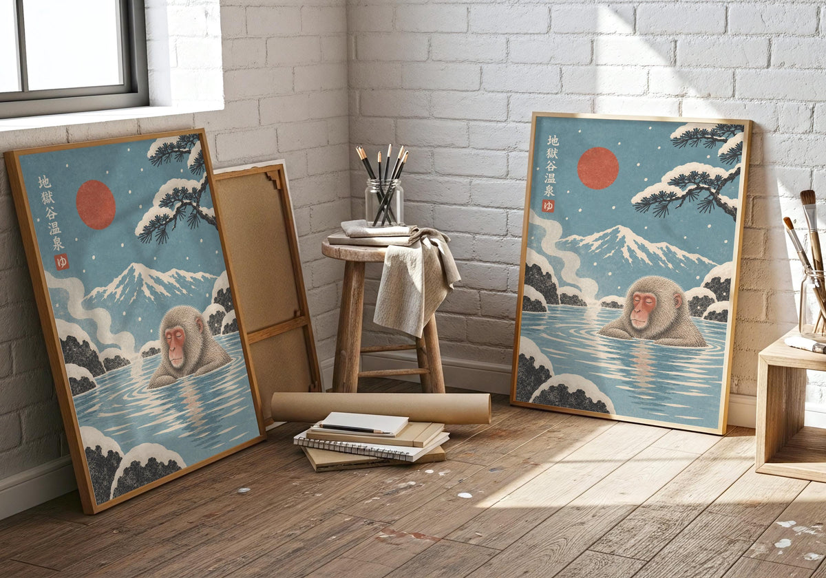 Wide interior mockup of this winter animal print in a relaxed neutral bathroom, featuring snow monkeys bathing in a blue hot spring beneath a red sun and snowy mountain.