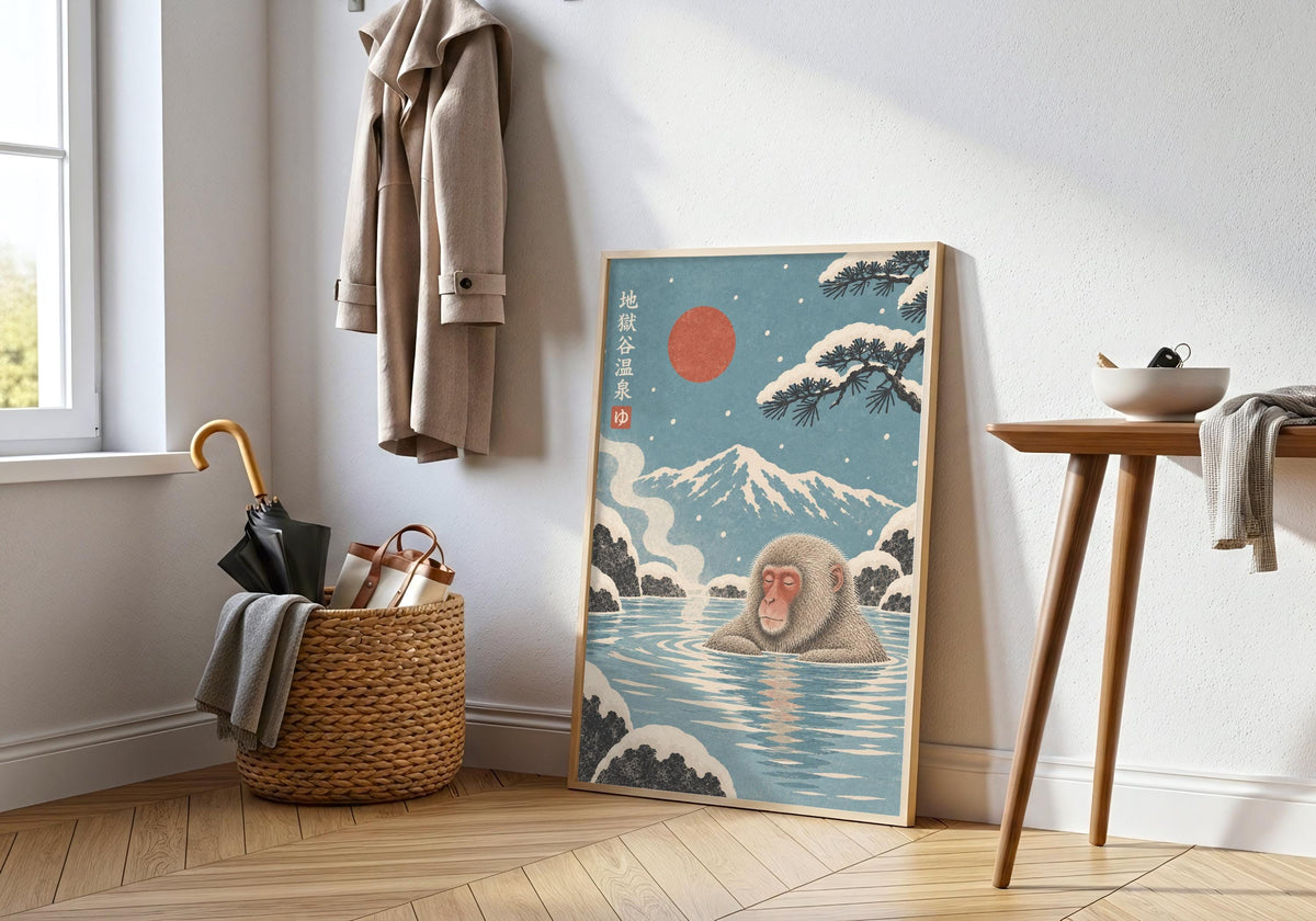 Interior view of Snow Monkey Onsen near a bathroom basin, styled for a blue bathroom art look.