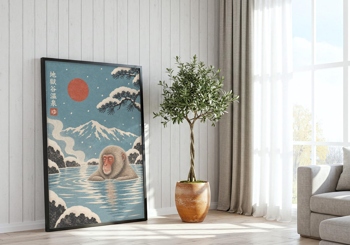 Snow Monkey Onsen displayed beside a sunlit window as mount fuji style for a lived-in room setting.