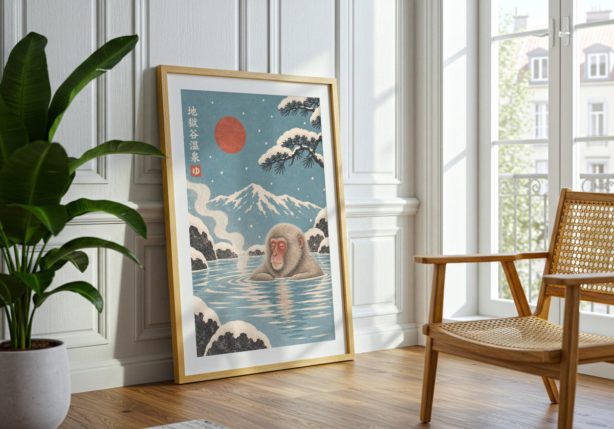 Physical wall print among large green houseplants, highlighting snow monkeys bathing in a blue hot spring beneath a red sun and snowy mountain as a hot spring poster.