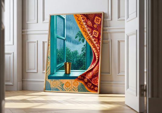 Indian Monsoon Window — Maroon Curtain indian wall print, a vivid turquoise window framed by a richly patterned maroon curtain and brass cup, leaning in a light natural-wood frame in a bright panelled interior; turquoise, maroon, saffron and warm cream portrait wall art.