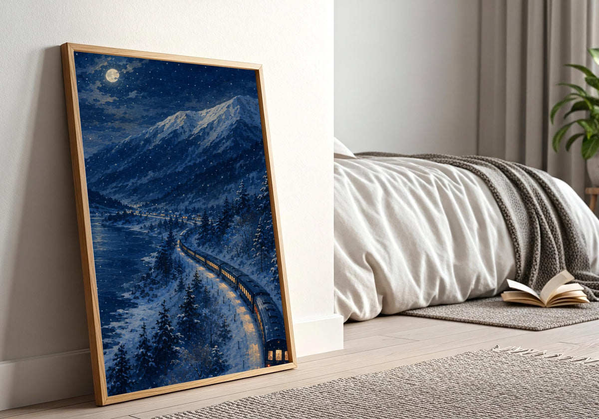 Night Train Hokkaido — Moonlit Lake japanese winter art, a long illuminated train curving beside a frozen lake under a full moon, leaning in a calm neutral bedroom; deep indigo, snow blue and golden amber portrait wall art.