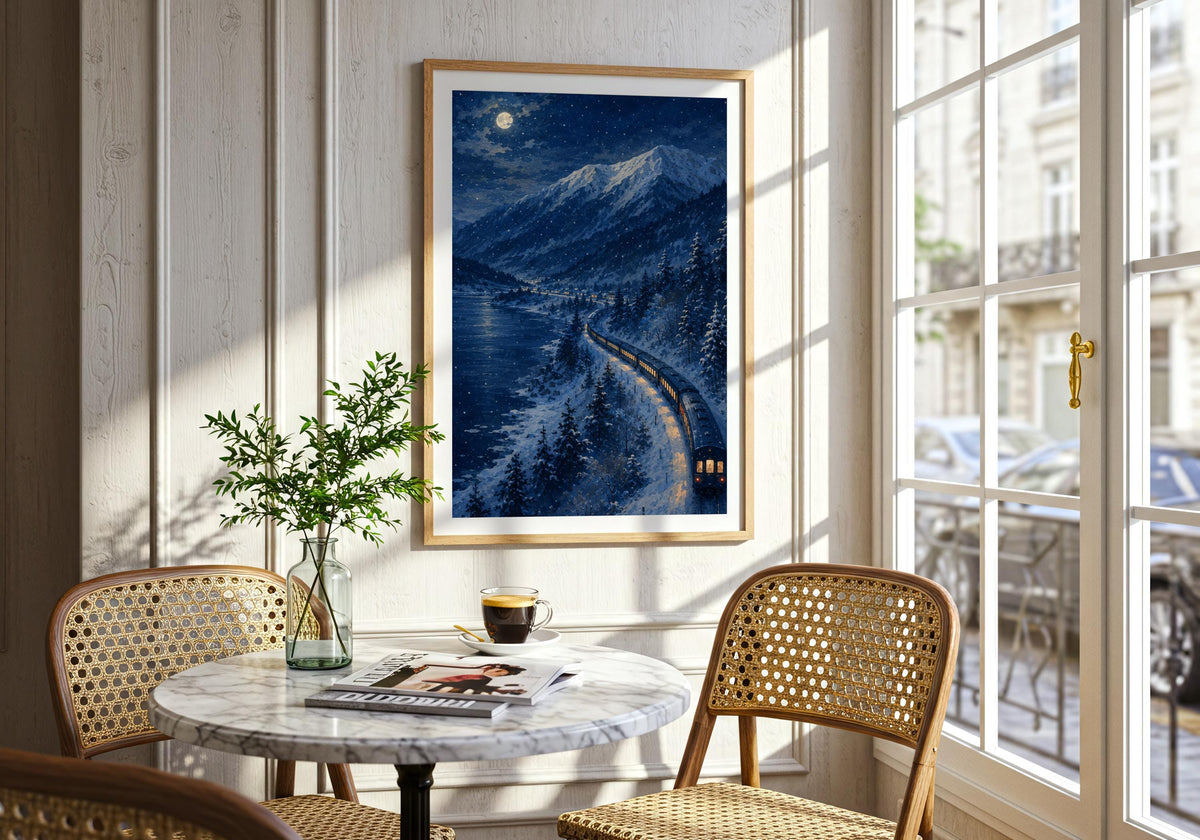 Night Train Hokkaido — Moonlit Lake moonlit landscape, a long illuminated train curving beside a frozen lake under a full moon, hung in a bright cafe-style room with greenery; deep indigo, snow blue and golden amber portrait wall art.