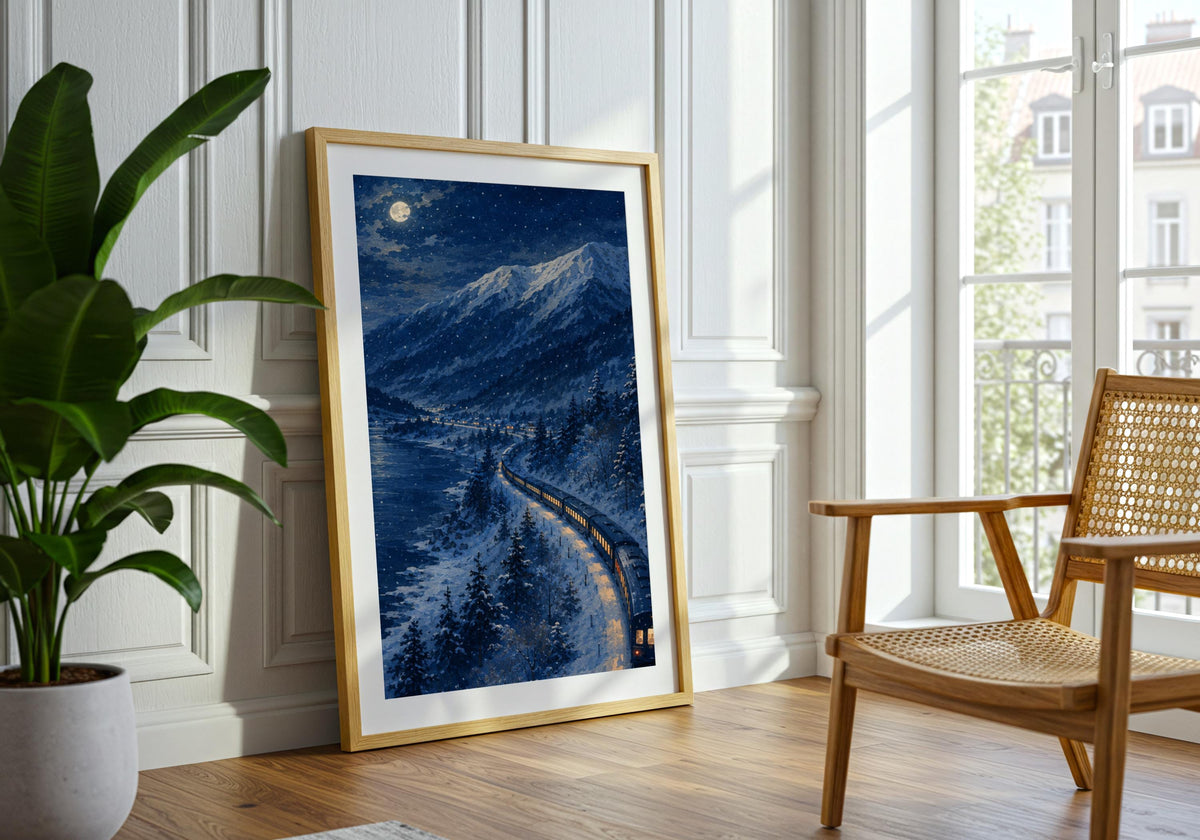 Night Train Hokkaido — Moonlit Lake hokkaido wall art, a long illuminated train curving beside a frozen lake under a full moon, displayed in an airy living room; deep indigo, snow blue and golden amber portrait wall art.