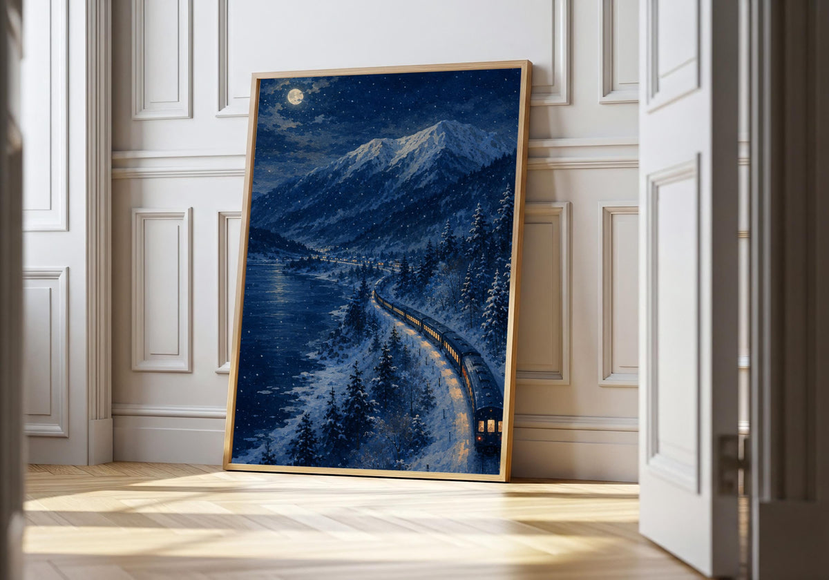 Night Train Hokkaido — Moonlit Lake night train print, a long illuminated train curving beside a frozen lake under a full moon, leaning in a light natural-wood frame in a bright panelled interior; deep indigo, snow blue and golden amber portrait wall art.