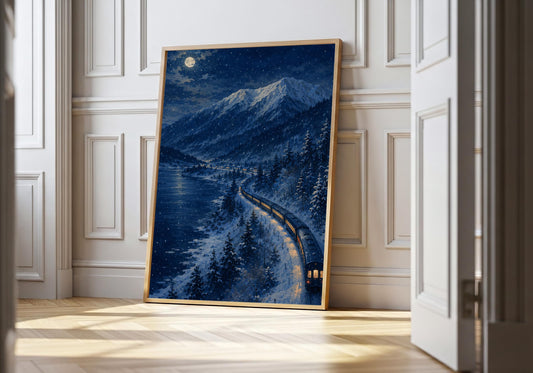 Night Train Hokkaido — Moonlit Lake night train print, a long illuminated train curving beside a frozen lake under a full moon, leaning in a light natural-wood frame in a bright panelled interior; deep indigo, snow blue and golden amber portrait wall art.
