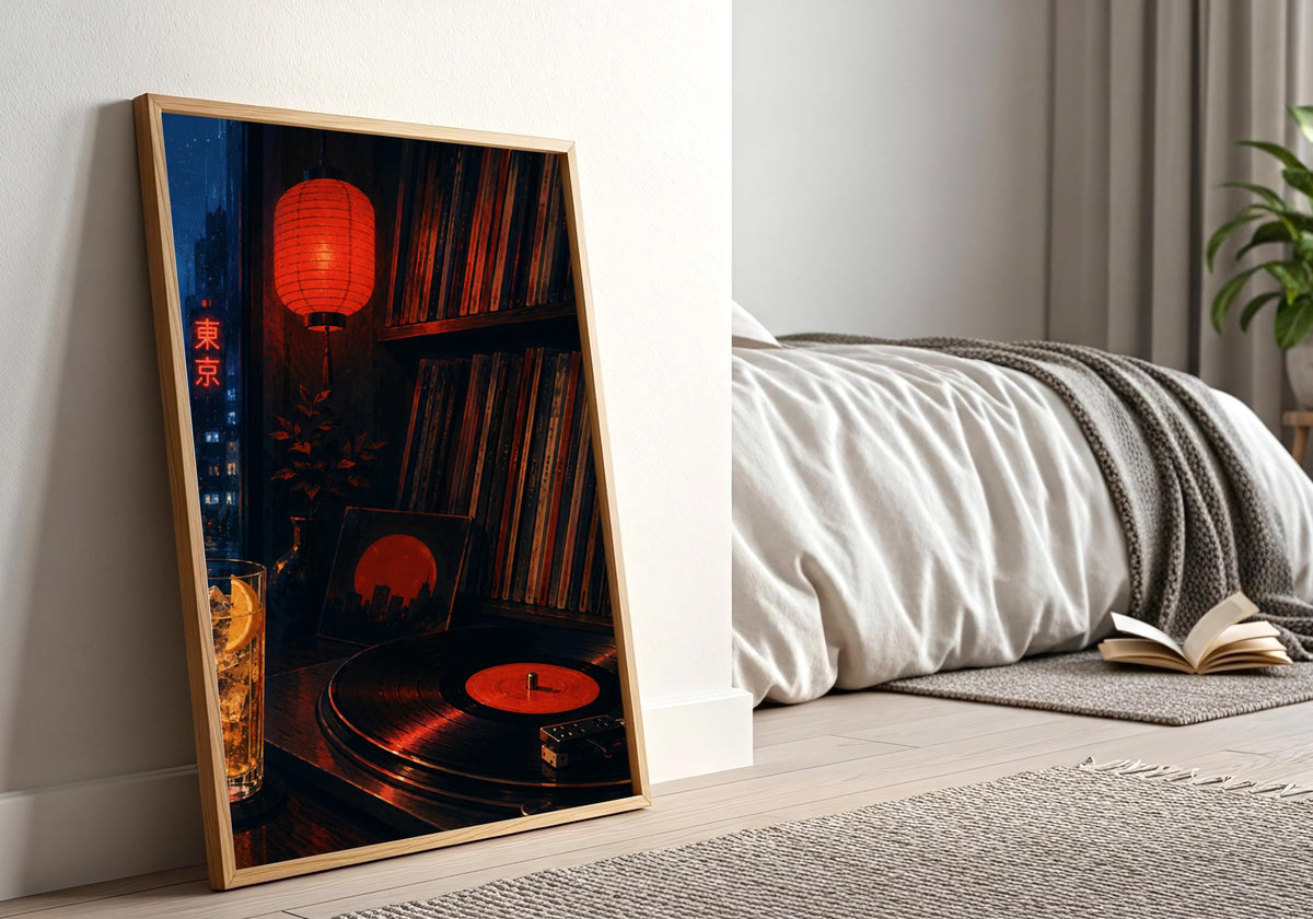 Tokyo Record Bar — Neon Interior record shop print, a neon-lit Tokyo record bar packed with vinyl and late-night atmosphere, leaning in a calm neutral bedroom; electric red, cobalt, black and warm amber portrait wall art.