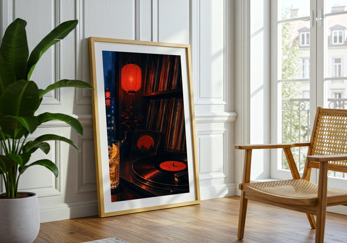 Tokyo Record Bar — Neon Interior japanese vinyl art, a neon-lit Tokyo record bar packed with vinyl and late-night atmosphere, displayed in an airy living room; electric red, cobalt, black and warm amber portrait wall art.