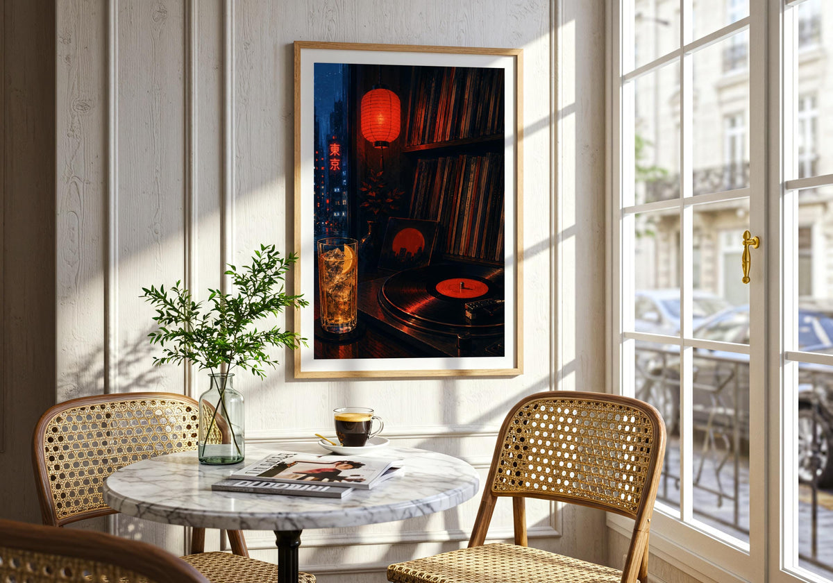 Tokyo Record Bar — Neon Interior neon music poster, a neon-lit Tokyo record bar packed with vinyl and late-night atmosphere, hung in a bright cafe-style room with greenery; electric red, cobalt, black and warm amber portrait wall art.
