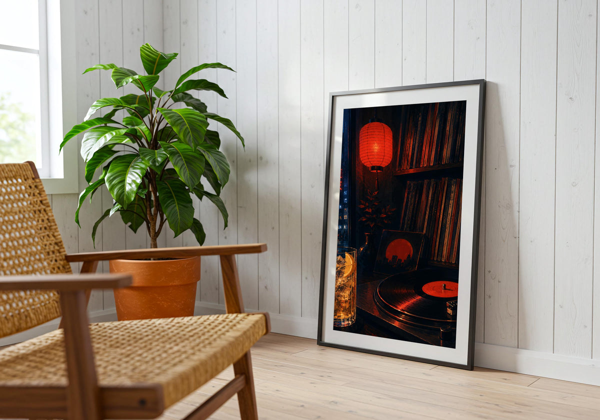 Tokyo Record Bar — Neon Interior record shop print, a neon-lit Tokyo record bar packed with vinyl and late-night atmosphere, shown in a light-wood frame in a botanical studio with green plants; electric red, cobalt, black and warm amber portrait wall art.