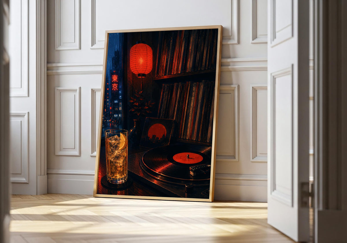Tokyo Record Bar — Neon Interior tokyo record bar, a neon-lit Tokyo record bar packed with vinyl and late-night atmosphere, leaning in a light natural-wood frame in a bright panelled interior; electric red, cobalt, black and warm amber portrait wall art.