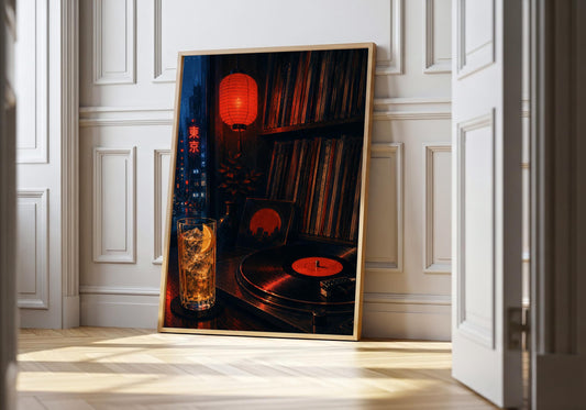 Tokyo Record Bar — Neon Interior tokyo record bar, a neon-lit Tokyo record bar packed with vinyl and late-night atmosphere, leaning in a light natural-wood frame in a bright panelled interior; electric red, cobalt, black and warm amber portrait wall art.