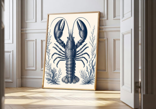 Blue Lobster Botanical blue lobster print, a detailed blue lobster framed by curling sea plants, shown in a light wood hero frame in a bright panelled room; indigo, cobalt and warm cream.